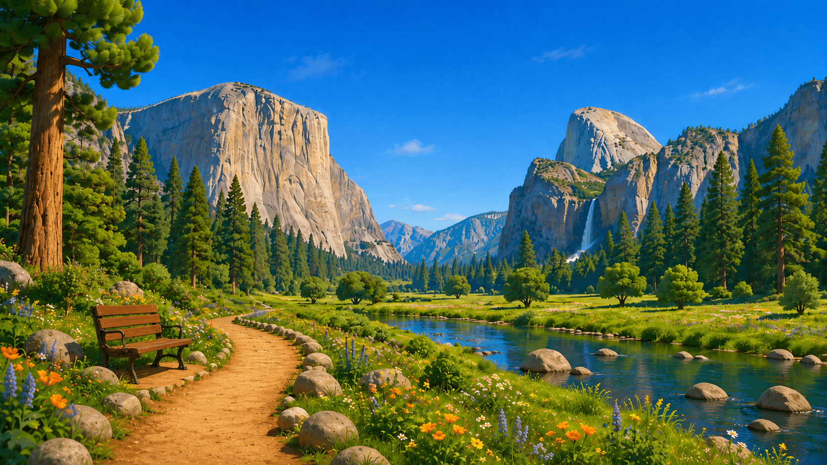 A sunny mountain valley with a river and a trail